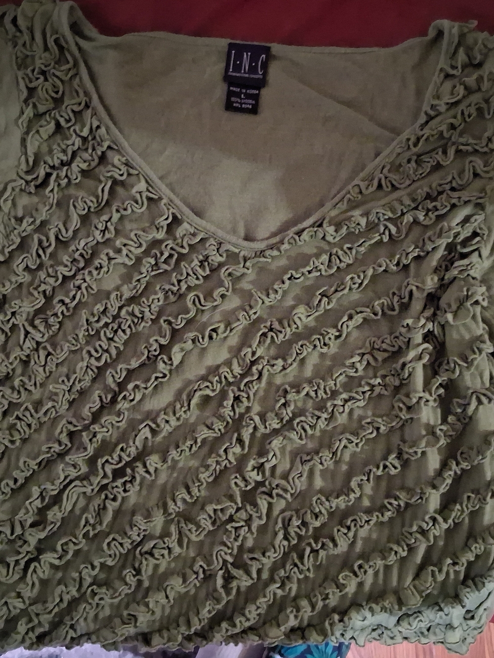INC International Concepts Olive Ruffled V-Neck Blouse